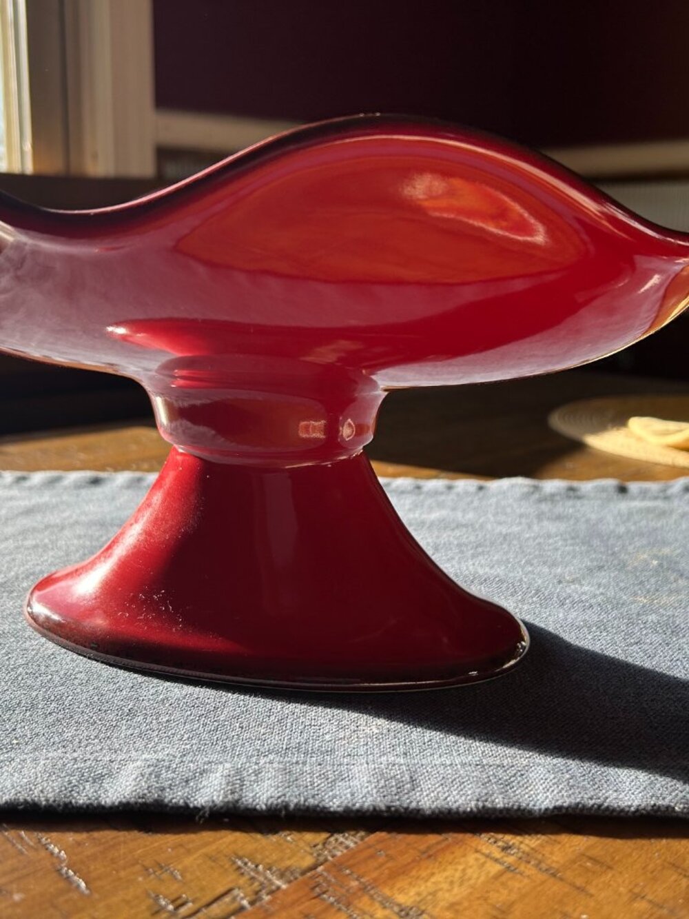 Vintage Red Glass Pedestal compote, Southern Living at Home Cinnabar Oval Com